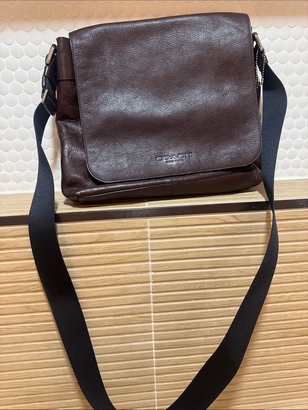 Coach Brown Leather Messenger Bag with Black Strap